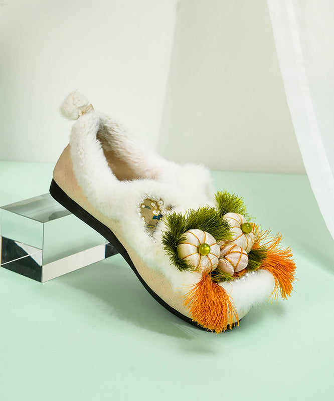 Comfortable Splicing Flat Shoes Green Cotton Fabric Fuzzy Wool Lined Tq040