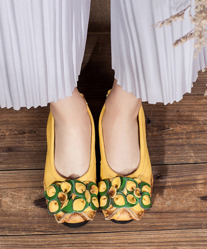 Comfortable Yellow Platform Cowhide Leather Splicing Flat Shoes Sl1018