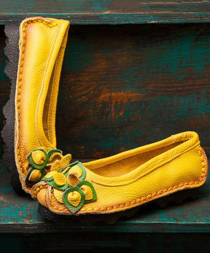 Comfortable Yellow Platform Cowhide Leather Splicing Flat Shoes Sl1018