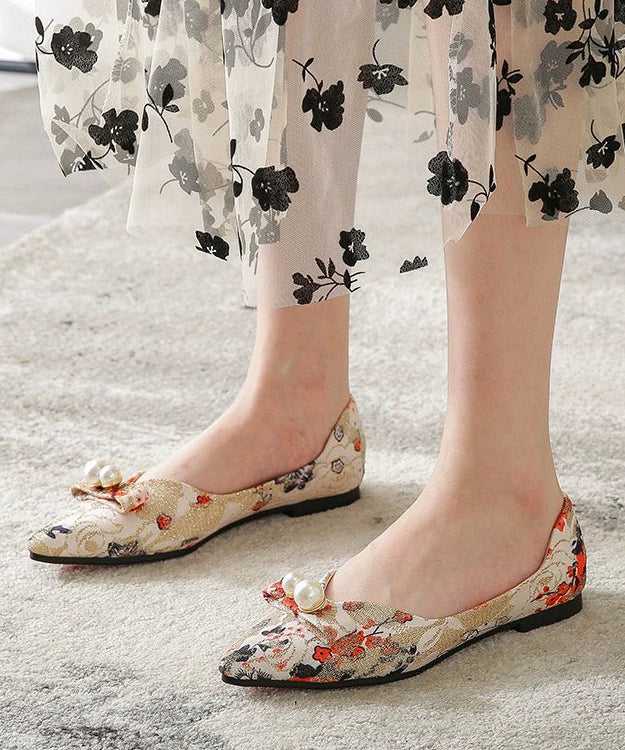 Comfy Black Flat Feet Shoes Cotton Fabric Print Pointed Toe Xc1045