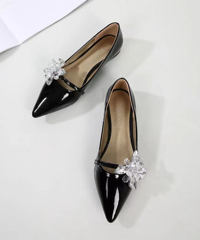 Comfy Black Pointed Toe Zircon Splicing Flat Shoes for Cz1021