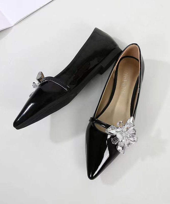 Comfy Black Pointed Toe Zircon Splicing Flat Shoes for Cz1021