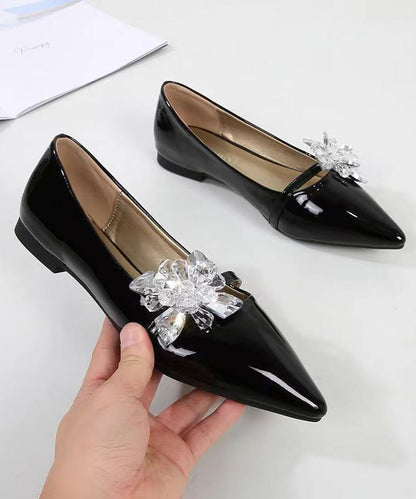 Comfy Black Pointed Toe Zircon Splicing Flat Shoes for Cz1021