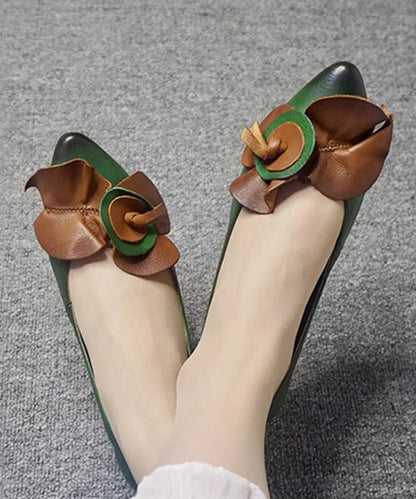 Comfy Green Cowhide Leather Pointed Toe Splicing Flat Shoes Cz1045