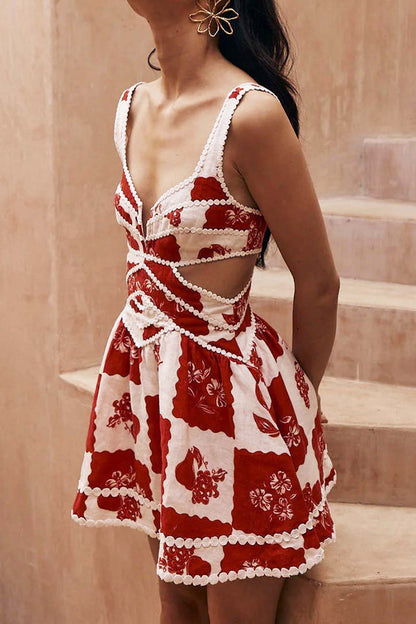 Contrast Printed Cutout A-line Mini Dress