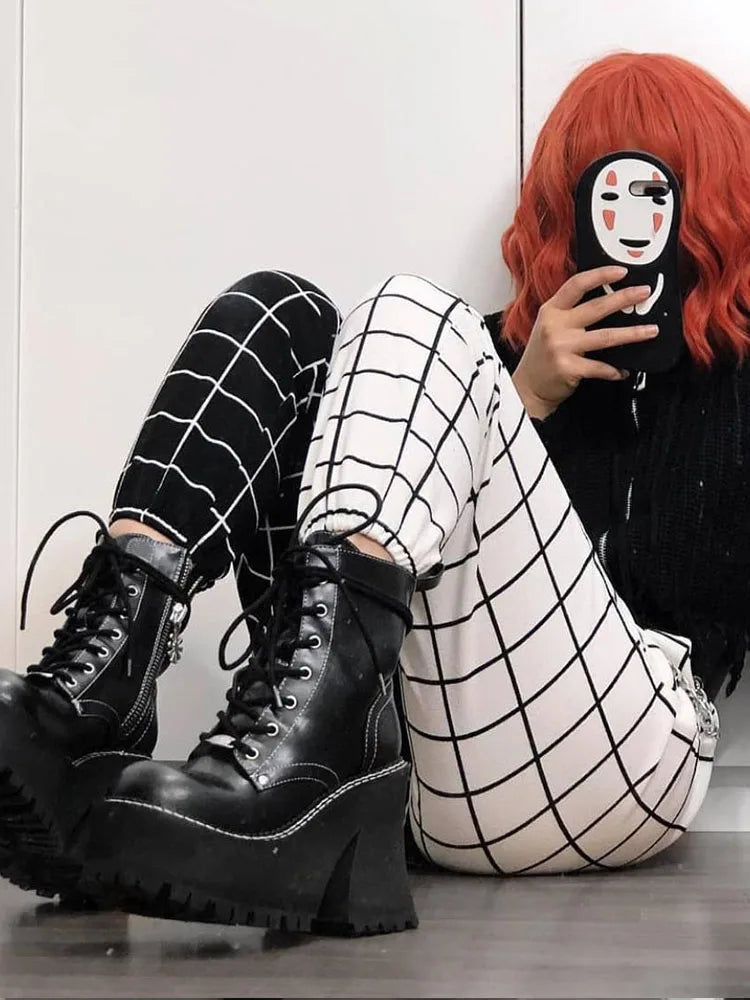 Contrast Cargo Pant for Loose Hight Waist Plaid Jogging Trousers Sporty Pants Elasticity Sportpants Summer