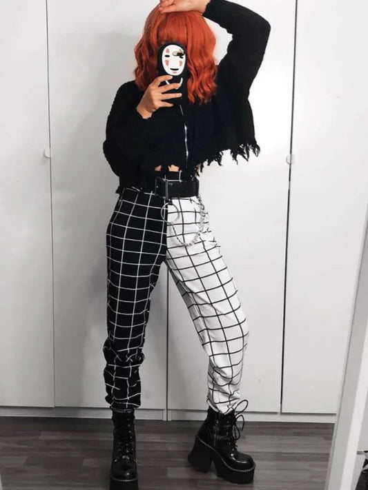 Contrast Cargo Pant for Loose Hight Waist Plaid Jogging Trousers Sporty Pants Elasticity Sportpants Summer