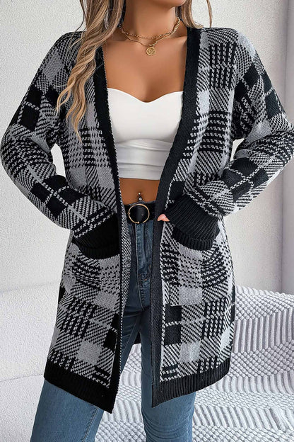 Contrast Plaid Open Front Cardigan