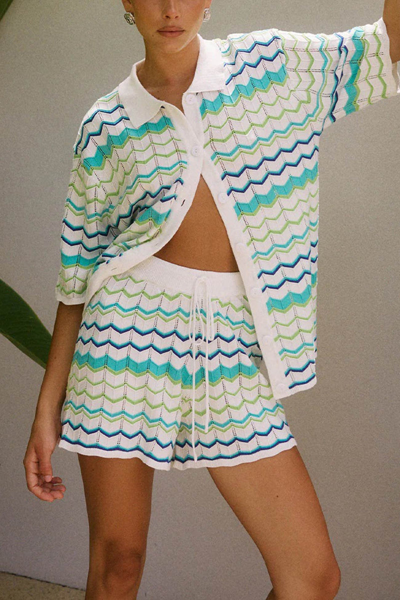 Contrast Striped Knit Cardigan Shorts Set