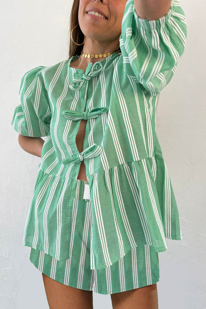 Contrast Striped Tie-up Blouse Suits