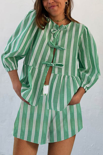 Contrast Striped Tie-up Blouse Suits