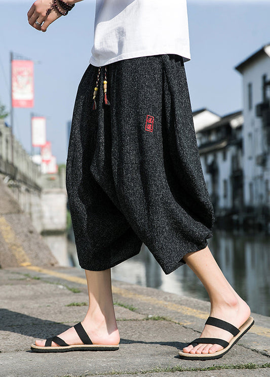 Cool Black Embroideried Pockets Cotton Crop Pants Summer Sa045