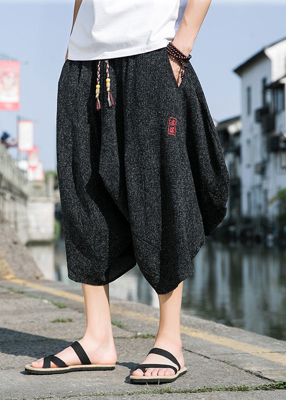Cool Black Embroideried Pockets Cotton Crop Pants Summer Sa045