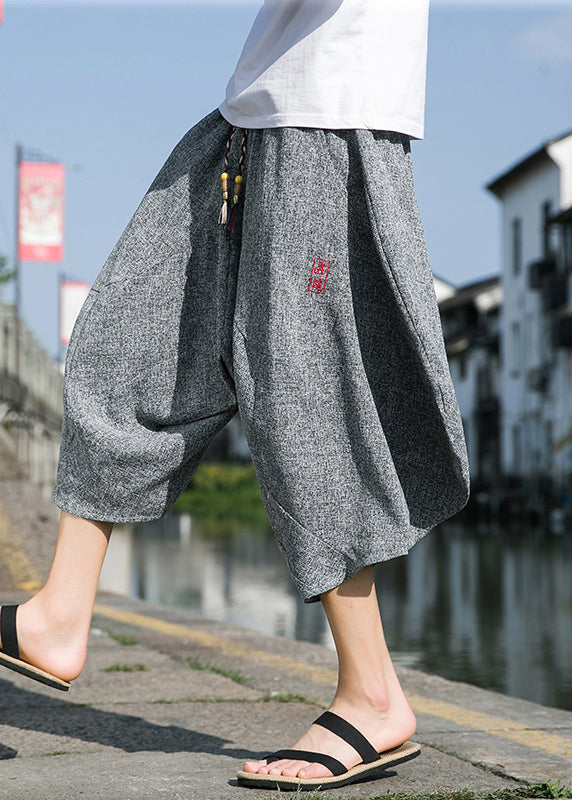 Cool Black Embroideried Pockets Cotton Crop Pants Summer Sa045