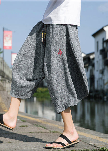 Cool Black Embroideried Pockets Cotton Crop Pants Summer Sa045