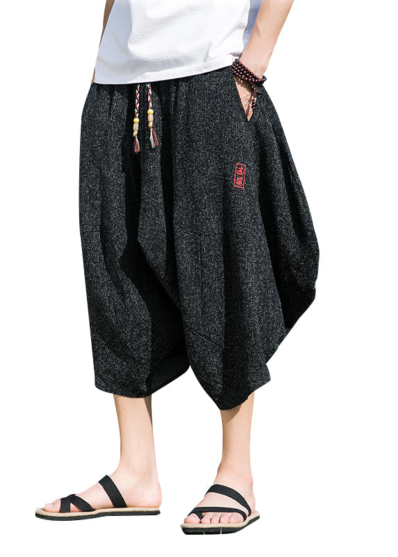Cool Black Embroideried Pockets Cotton Crop Pants Summer Sa045