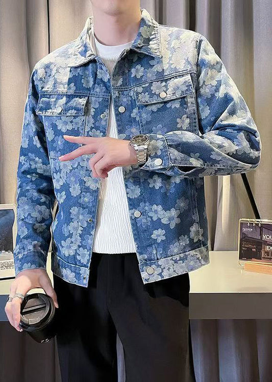Cool Blue Button Print Pockets Denim Coat Fall Wa020