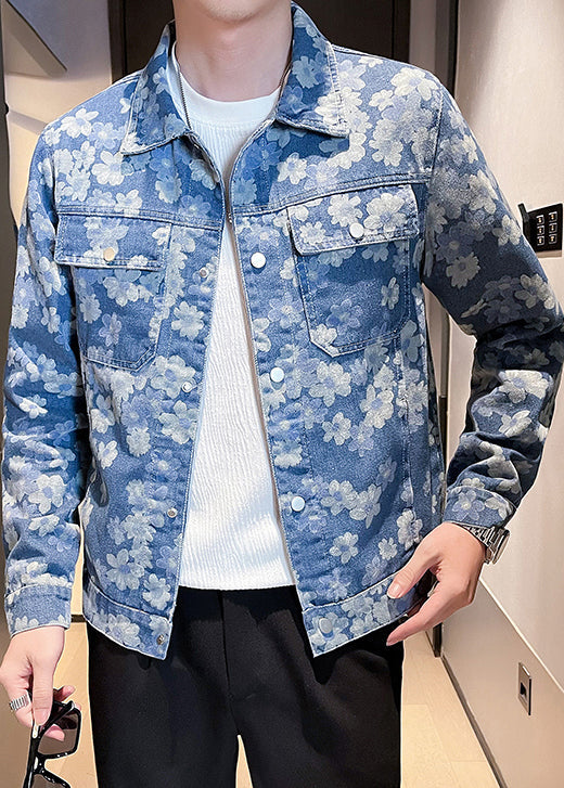 Cool Blue Button Print Pockets Denim Coat Fall Wa020