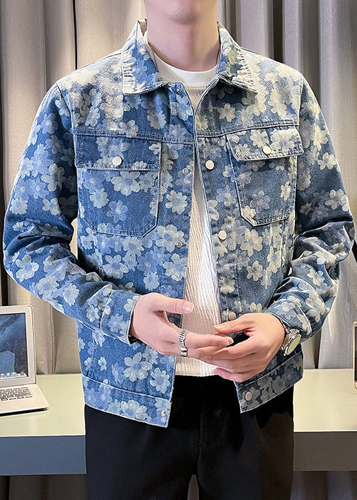 Cool Blue Button Print Pockets Denim Coat Fall Wa020