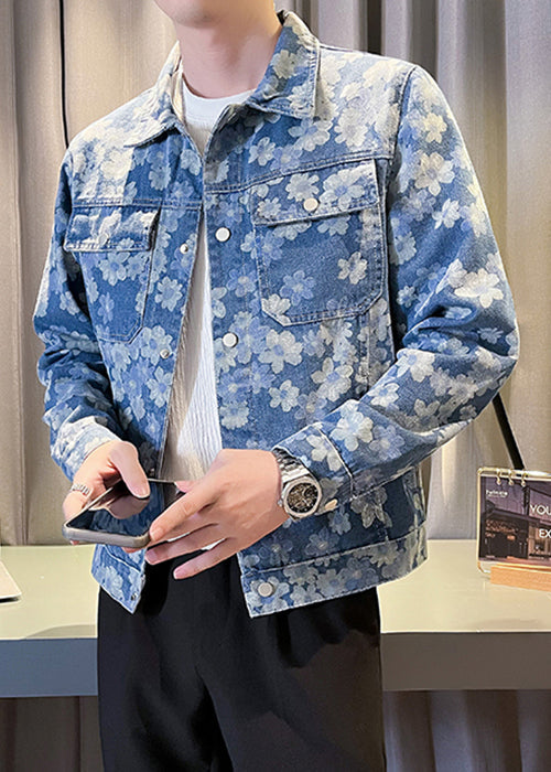 Cool Blue Button Print Pockets Denim Coat Fall Wa020