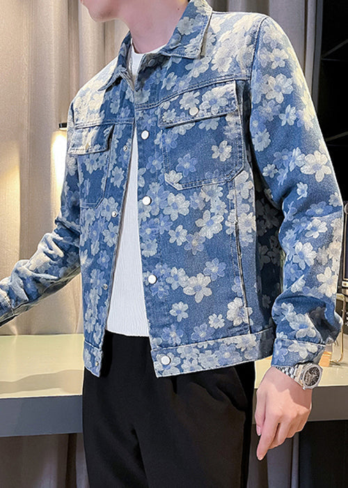 Cool Blue Button Print Pockets Denim Coat Fall Wa020