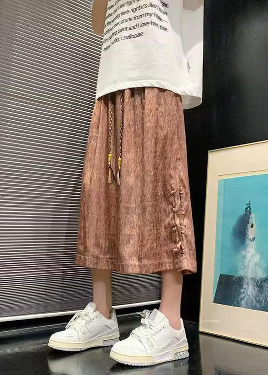 Cool Brown Chinese Button Patchwork Ice Silk Crop Pants Summer Sa061