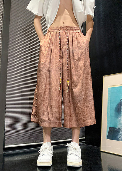 Cool Brown Chinese Button Patchwork Ice Silk Crop Pants Summer Sa061