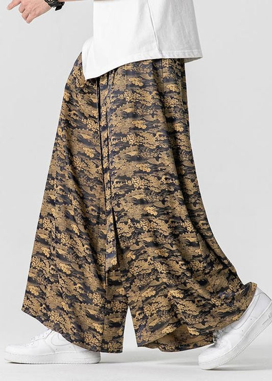Cool Brown Pockets Print Ice Silk Wide Leg Pants Summer Yt044
