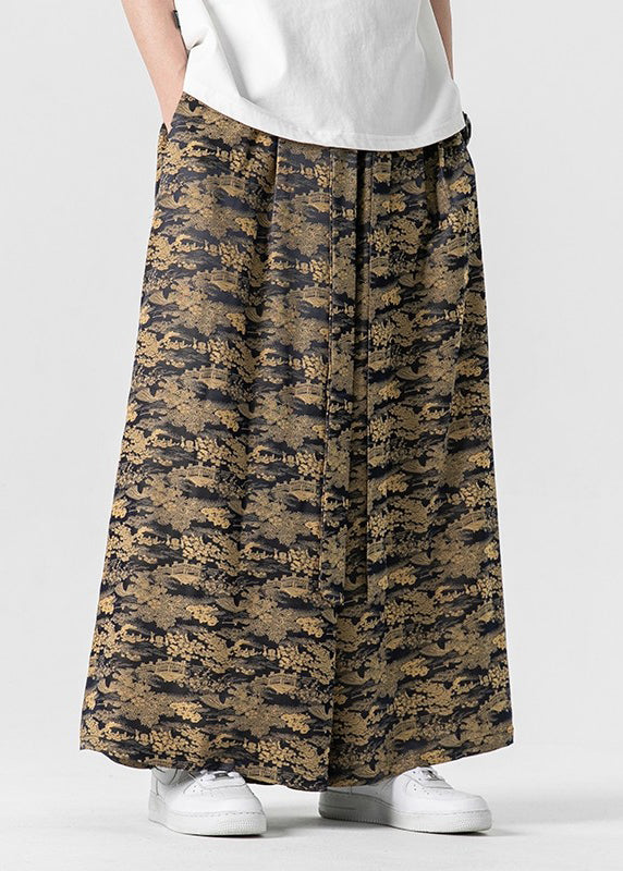 Cool Brown Pockets Print Ice Silk Wide Leg Pants Summer Yt044