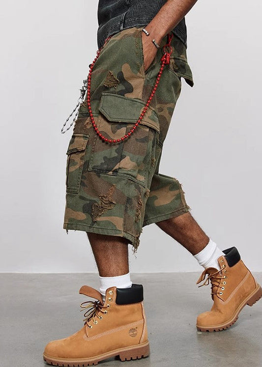 Crop Cool Cotton Pockets High Waist Camouflage Pants Hole