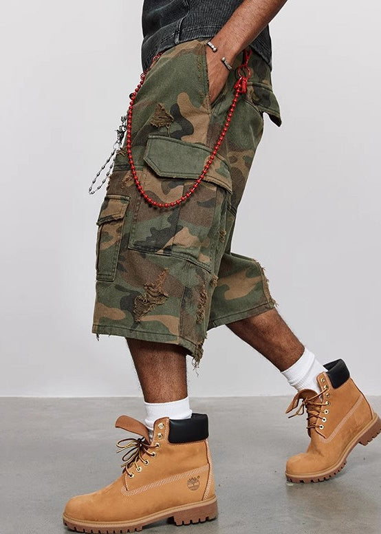 Crop Cool Cotton Pockets High Waist Camouflage Pants Hole