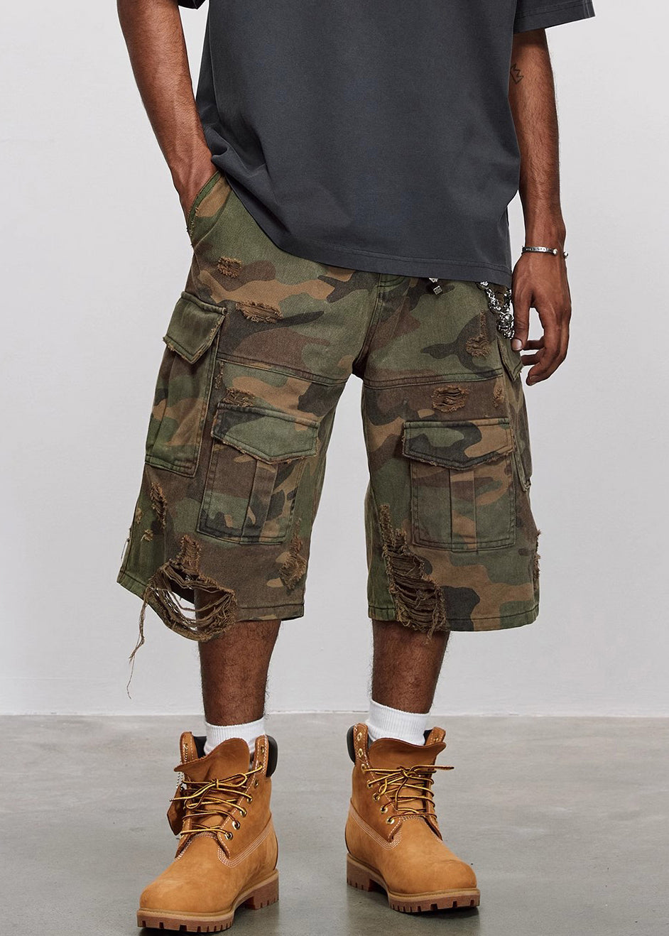 Crop Cool Cotton Pockets High Waist Camouflage Pants Hole