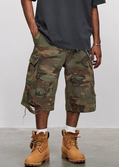 Crop Cool Cotton Pockets High Waist Camouflage Pants Hole