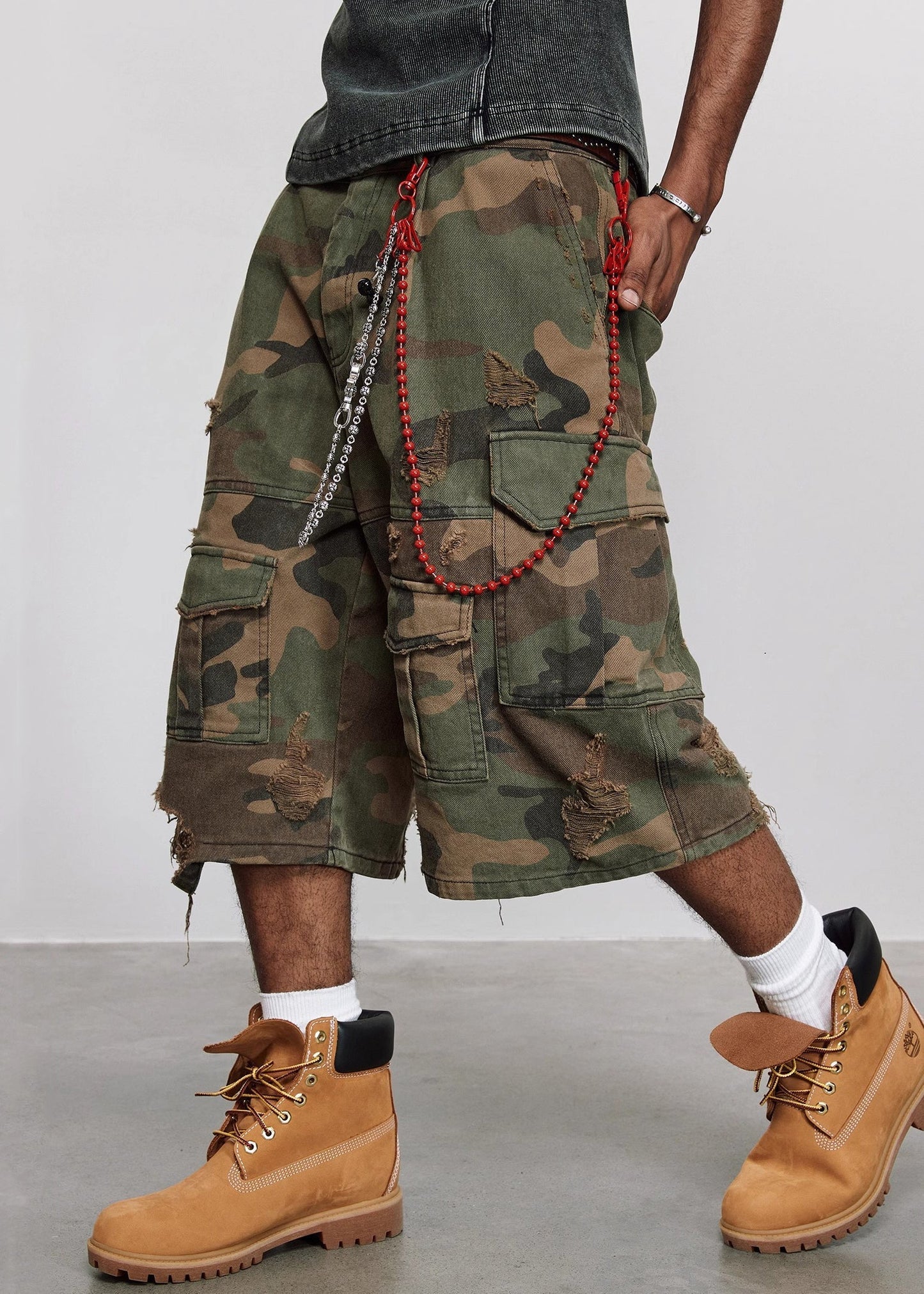 Crop Cool Cotton Pockets High Waist Camouflage Pants Hole