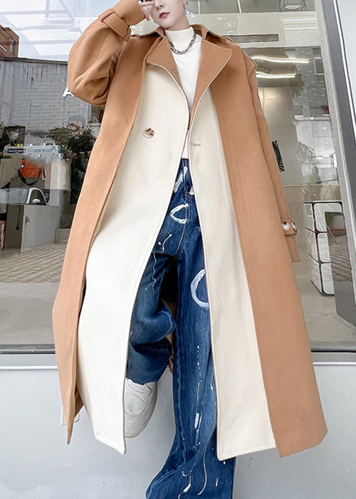 Cool Khaki Notched Tie Waist Patchwork Woolen Trench Coat Winter Ro046