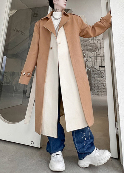 Cool Khaki Notched Tie Waist Patchwork Woolen Trench Coat Winter Ro046