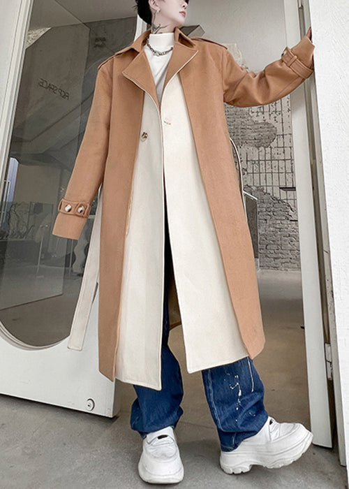 Cool Khaki Notched Tie Waist Patchwork Woolen Trench Coat Winter Ro046