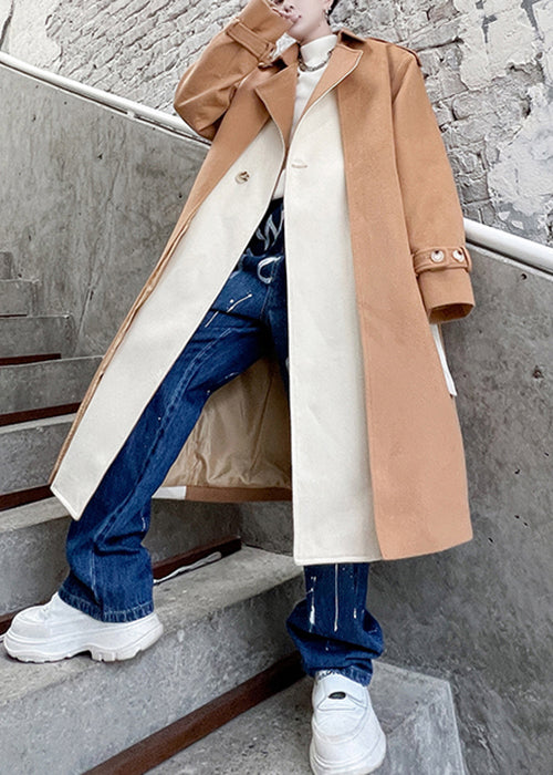 Cool Khaki Notched Tie Waist Patchwork Woolen Trench Coat Winter Ro046