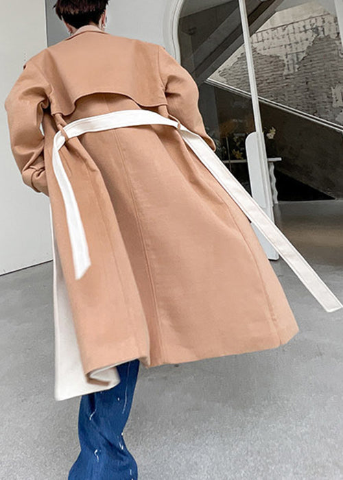 Cool Khaki Notched Tie Waist Patchwork Woolen Trench Coat Winter Ro046