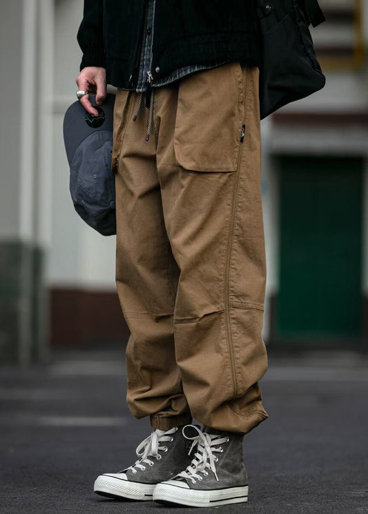 Spring Waist Cotton Pants Khaki Pockets Cool Beam Elastic