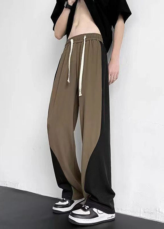Cool Khaki Pockets Patchwork Ice Silk Straight Pants Summer Yt041