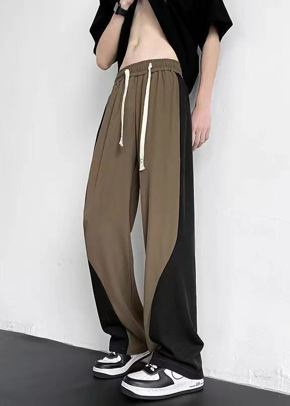 Cool Khaki Pockets Patchwork Ice Silk Straight Pants Summer Yt041
