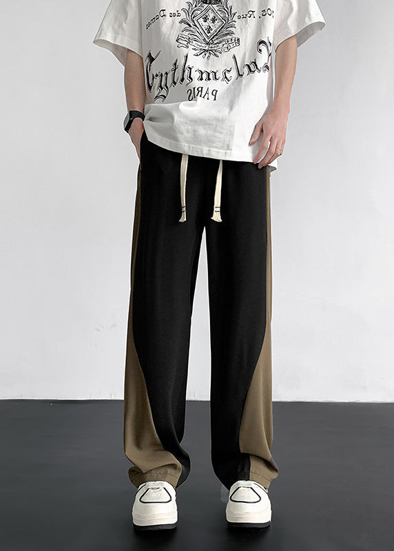 Cool Khaki Pockets Patchwork Ice Silk Straight Pants Summer Yt041