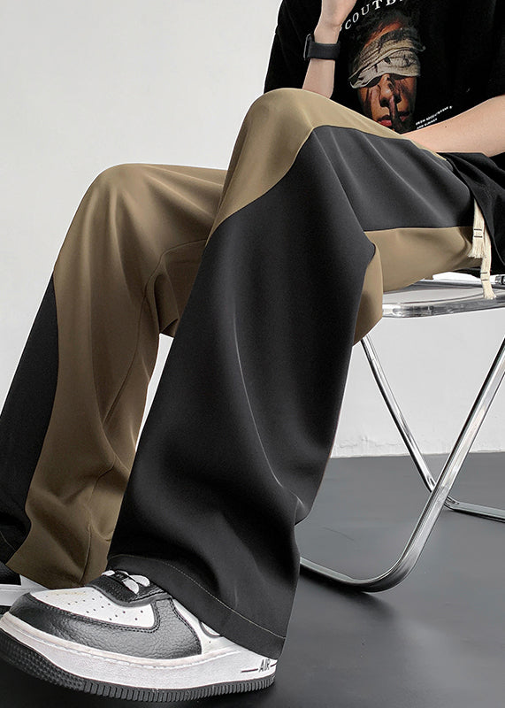 Cool Khaki Pockets Patchwork Ice Silk Straight Pants Summer Yt041