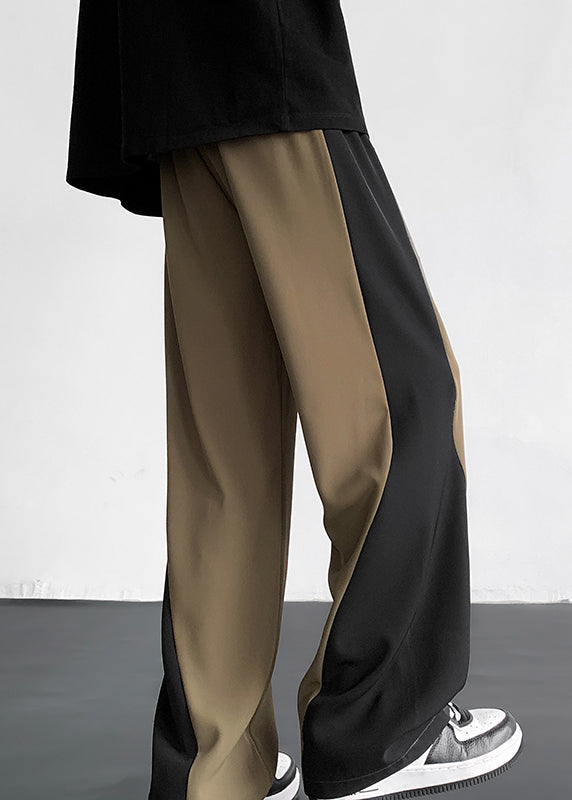 Cool Khaki Pockets Patchwork Ice Silk Straight Pants Summer Yt041