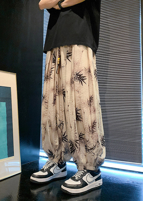 Cool Khaki Pockets Print Elastic Waist Silk Pants Summer Yt058