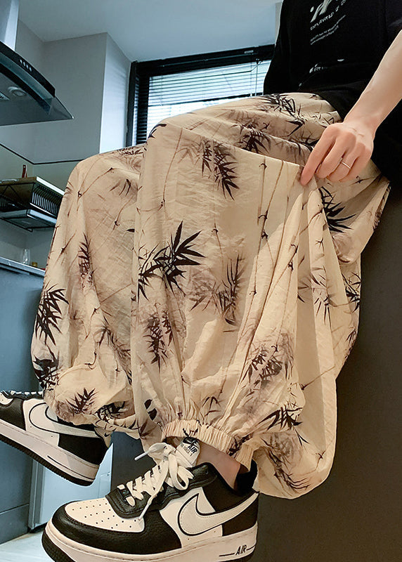 Cool Khaki Pockets Print Elastic Waist Silk Pants Summer Yt058
