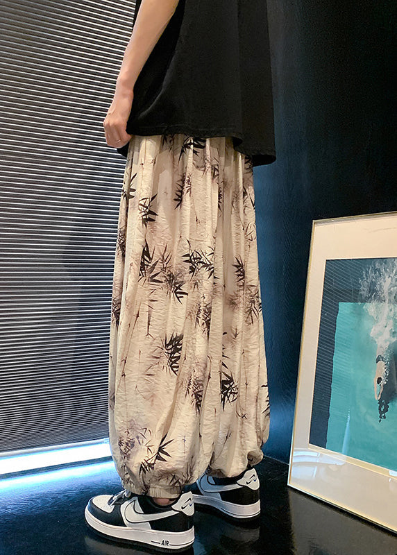 Cool Khaki Pockets Print Elastic Waist Silk Pants Summer Yt058