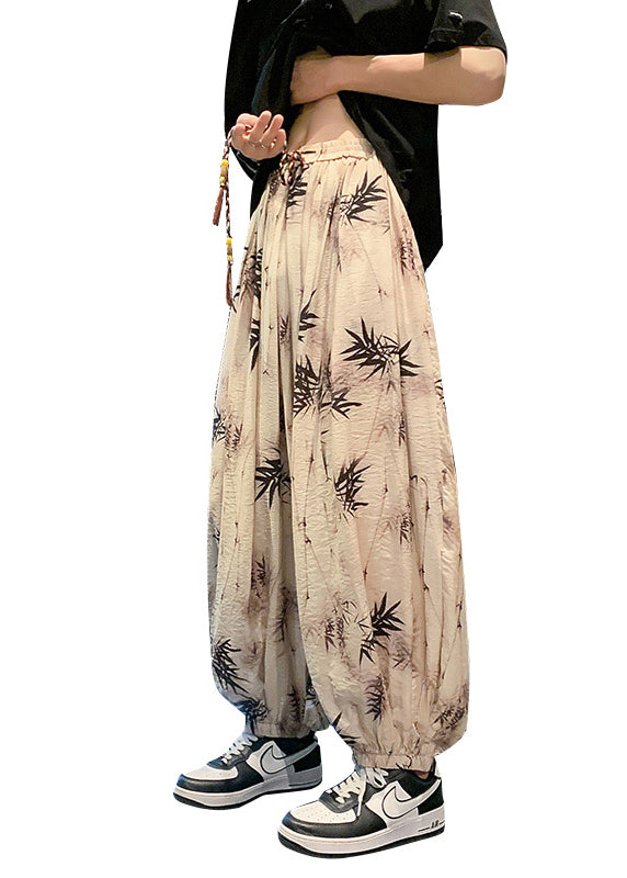 Cool Khaki Pockets Print Elastic Waist Silk Pants Summer Yt058