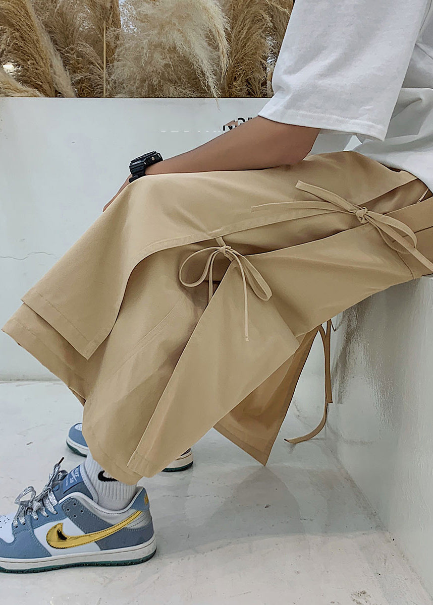 Cool Khaki Pockets Tassel Patchwork Fake Two Pieces Crop Pants Yt004